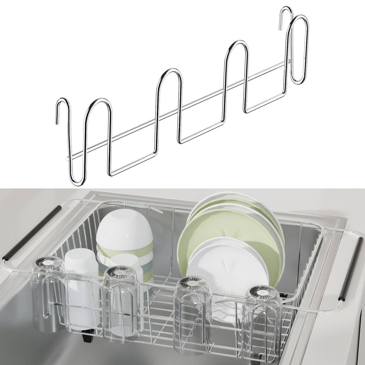 ZumenDa 12 Inch Stainless Steel Cup Drying Rack with 4 Hooks, Kitchen Mug Holder Organizer for Glasses, Baby Bottles, Travel Mugs, Dishwasher Safe Kitchen Drainage Basket