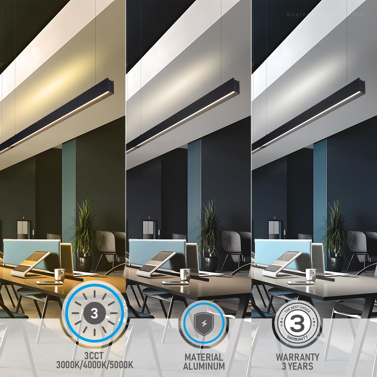 LEONLITE 4FT Linkable LED Linear Light, 3CCT 55W 3000K/4000K/5000K Selectable, UGR<19, ETL Listed Dimmable Architectural LED Suspension Office Lighting Fixture, Matte Black Aluminum Housing, Pack of 4