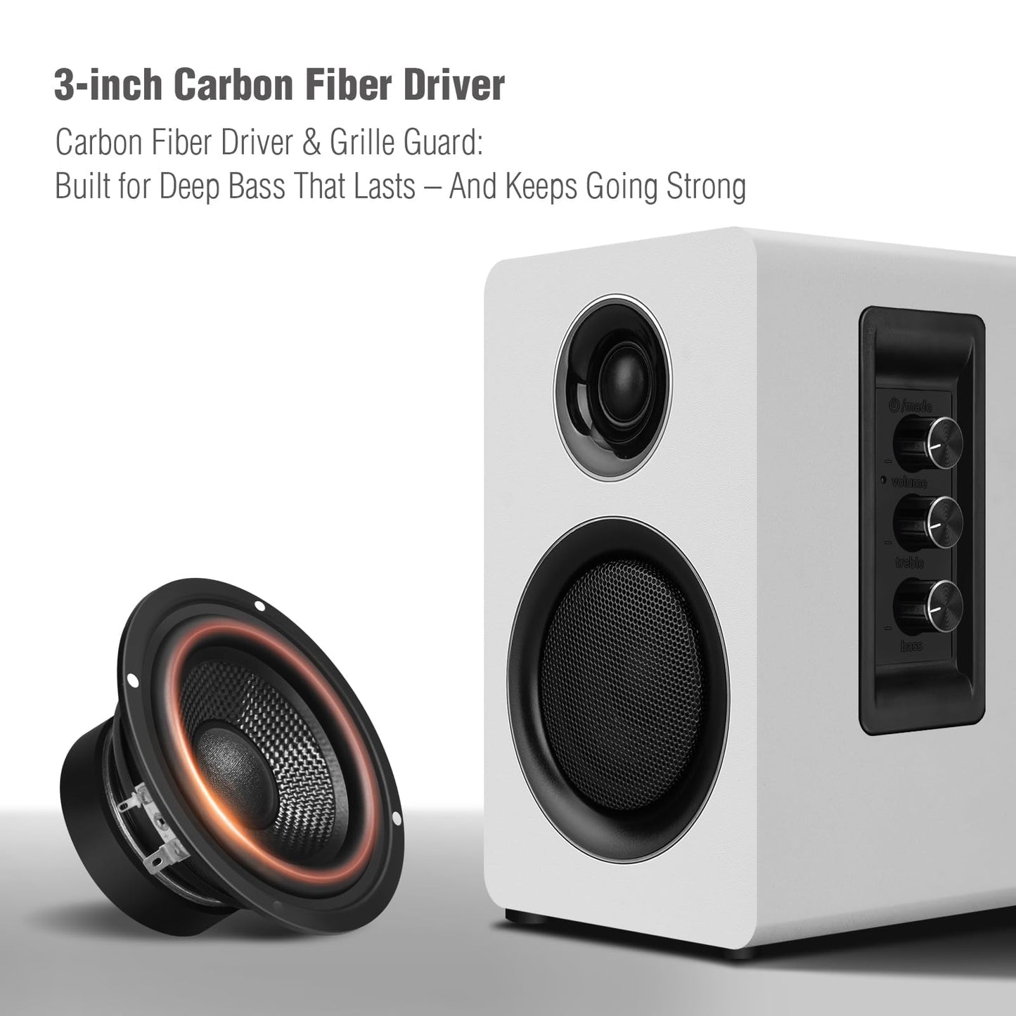 Computer Speakers for Desktop PC, Active Bookshelf Speaker with 3" Carbon Fiber Woofer and Silk Film Tweeter, Supports Bluetooth 5.3, USB-C, AUX/RCA Input for Record Player TV - White Stereo Set