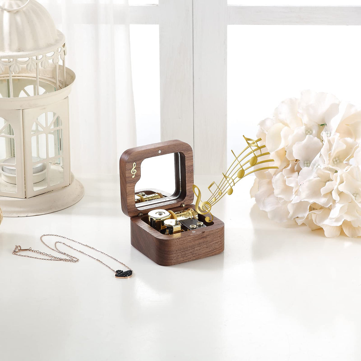 JYmusic Wooden Wind-up Music Box Natural Walnut Square Note Music Box, Birthday Mother's Day Children's Day Christmas Gift ( Tune: You Are My Sunshine )
