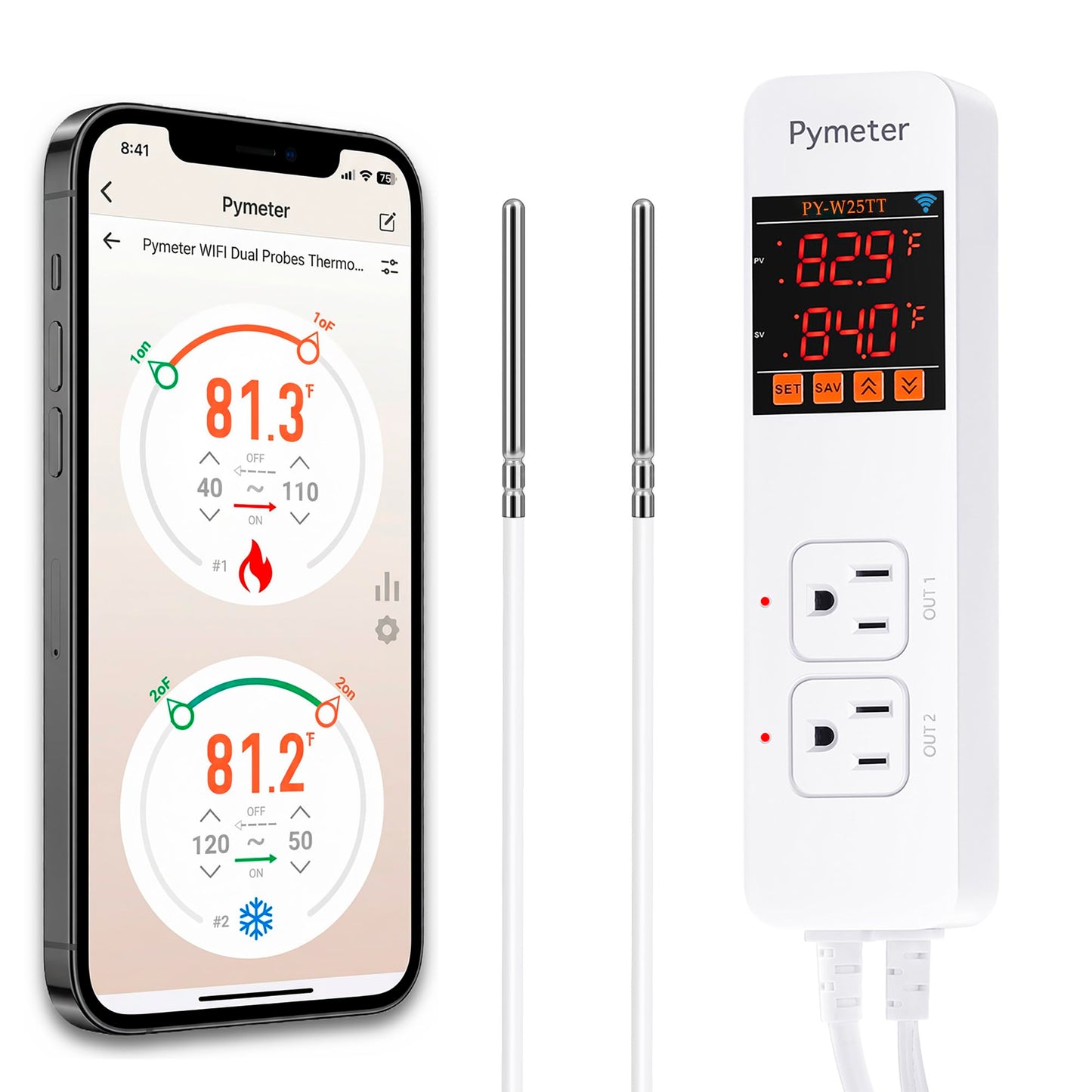Pymeter SmartLife/Tuya APP WiFi Temperature Controller with Dual Probes, Smart Digital Thermostat with Two Outlets for Reptile Heat Mat, Greenhouse Seedlings, Homebrew Fermentation, Cooling Fan