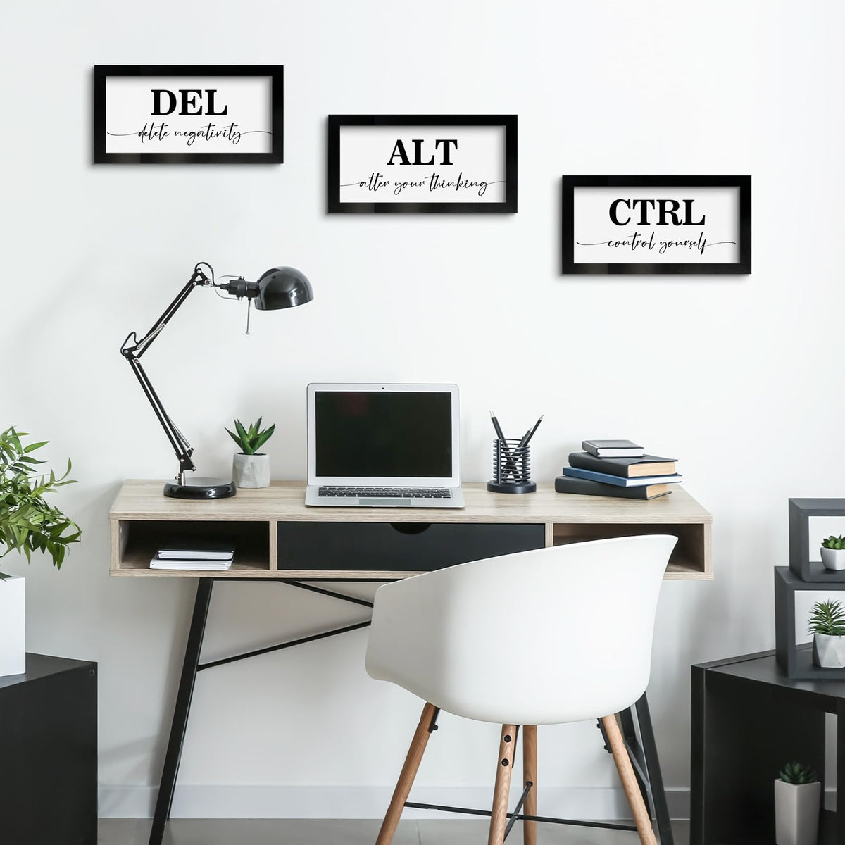 Pinetree Art Motivational Wall Art for Office Decor, CTRL ALT DEL Framed Inspirational Positive Quotes Canvas Print (black, 6"x12"x3)