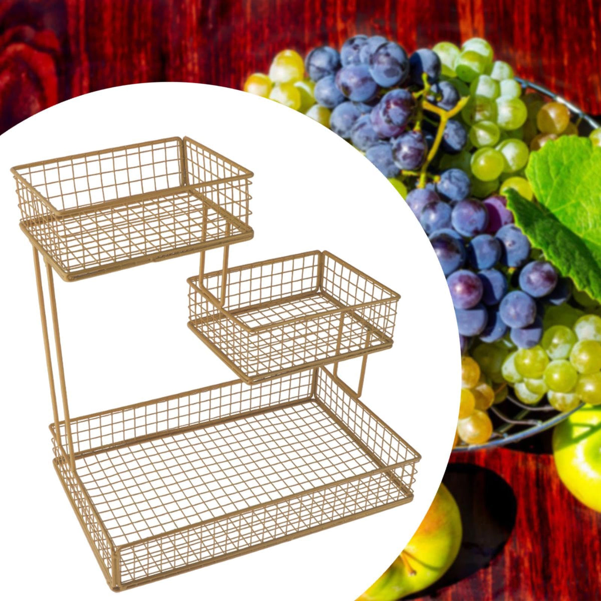 MagiDeal Metal Fruit Basket Snack Display Tray Countertop Large Capacity Multi Tier Metal Wire Storage Basket Home Use Storage Basket, gold