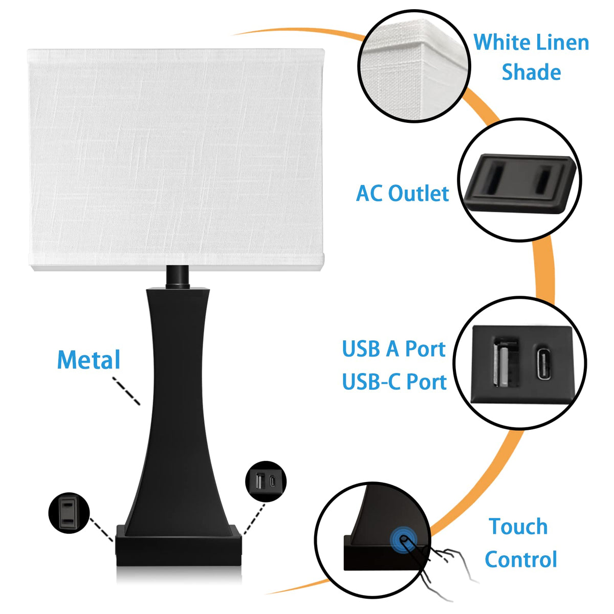 OYedis Table Lamp for Bedroom 3-Way Dimmable Touch Control Bedside Lamp with USB A+C Port & AC Outlet 21.6" Tall Nightstand Lamp for Living Room Office and Hotel Bulb Included