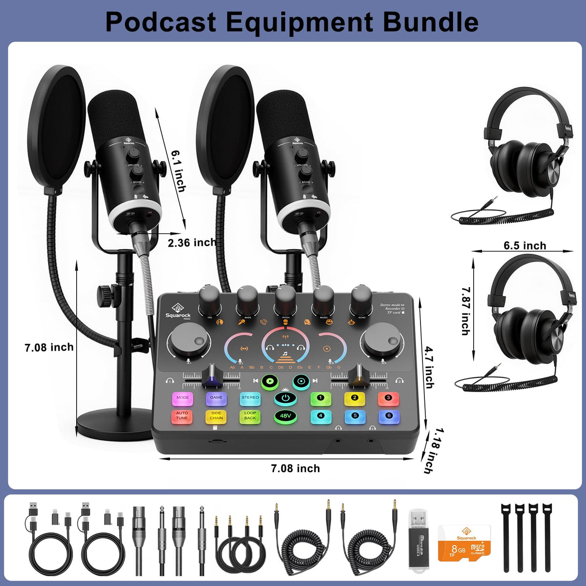 Podcast Equipment Bundle for 2, Dynamic XLR/USB Gaming Microphone & Streaming Audio Mixer with RGB Lights, Perfect for Podcast, Recording, Video Vocal, PC
