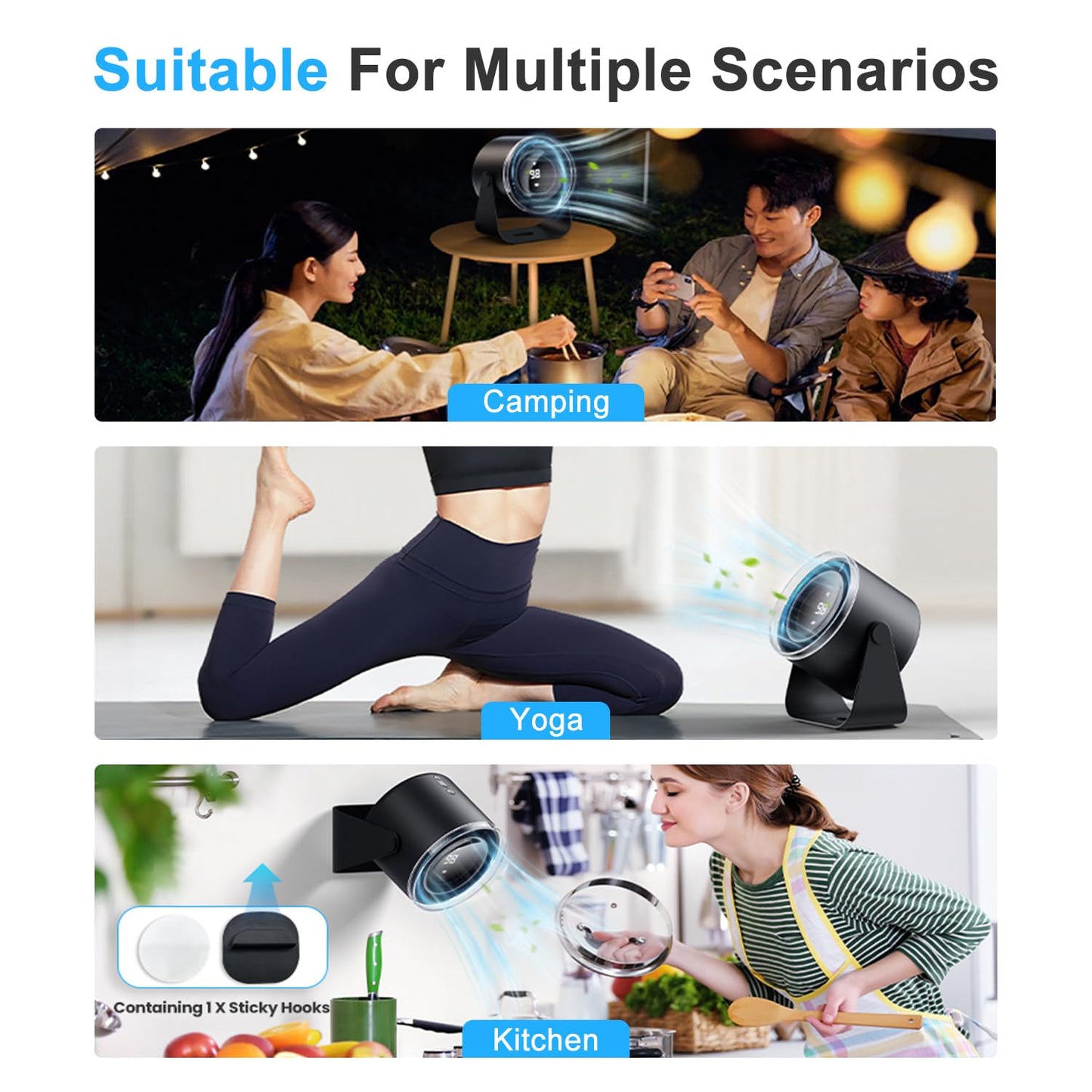 DURBESTER Small Desk Fan, 28dB Ultra-Quiet Desktop Air Circulator with 115° Adjustable Tilt, 100 Speeds, Rechargeable Battery, USB-Powered, Portable for Bedroom, Office, Kitchen, Travel -Bluish Black