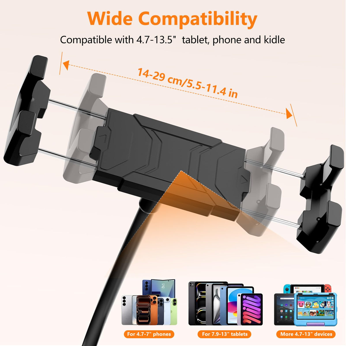Gooseneck Tablet Holder, 19.69" Metal Crab Clamp iPad/iPhone Mount for Stroller/Treadmill/Golf Cart/Boat/Mic Stand/Gym Bicycle Handlebar Clamp/Desk, Compatible with 4-13" iPad Pro/Air/Mini/E-book