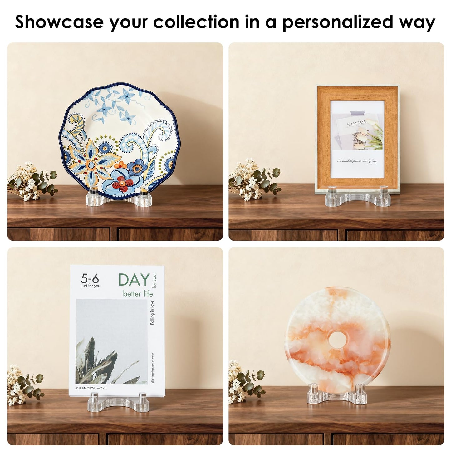 milldou Acrylic Easel Display，Plate Stand for Display，Adjustable Clear Display Holder for 7" to 12" Platter, Book, Card, Frame, Picture, Artwork, Plaque ( Large-1pc 7"-12")