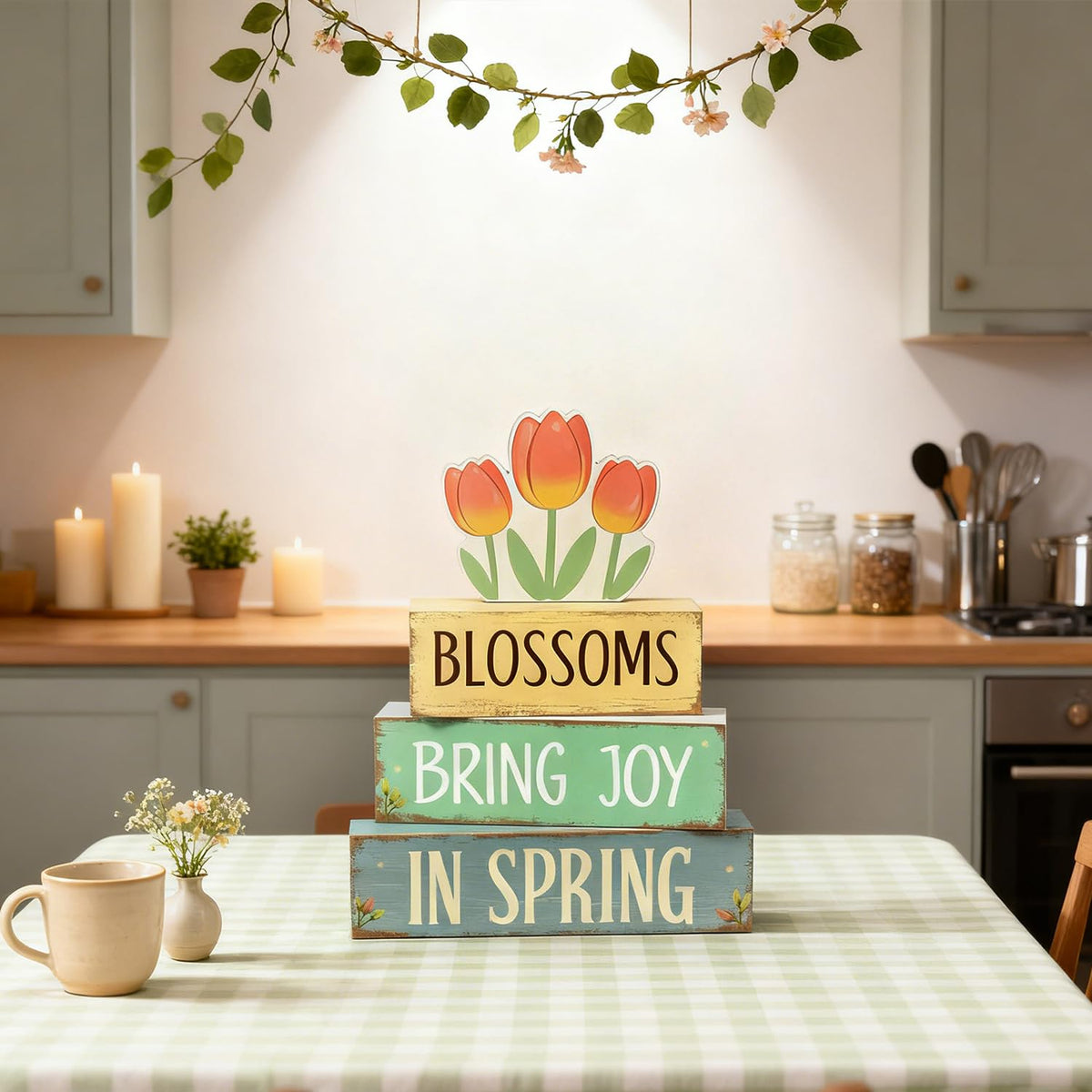 Spring Decoration Wooden Tiered Tray Decor – Tulip Blossoms Spring Stacked Block Sign with Floral Accent – Farmhouse Tabletop Spring Decor for Shelf Mantel Seasonal Home Display