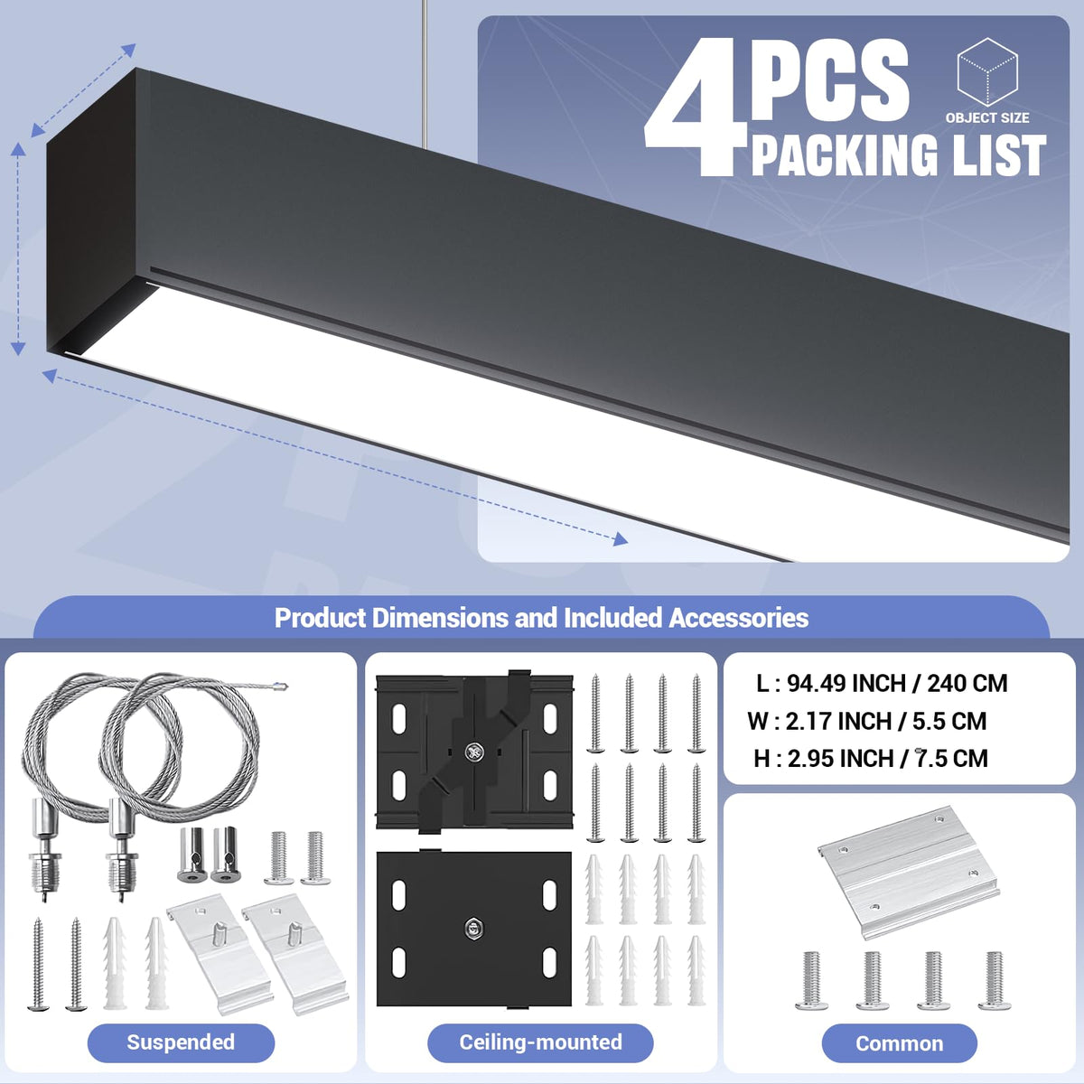 8FT LED Linear Light,100/90/80/70/60W Up and Down Light, 3000/4000/5000K CCT,Commercial And Residential Linear Lights Fixture for Office,Pendant Lights for Home,Shop,Garage,Basement,School-4Pack