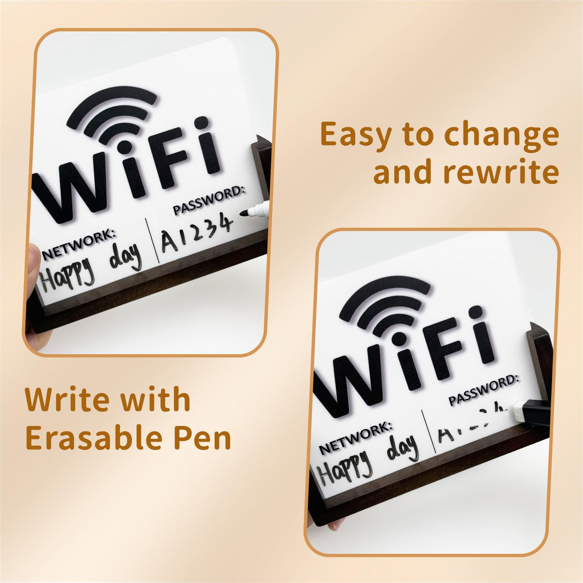 2 Pack Wifi Signs for Guests - Blue & Black Font Wifi Sign with Wooden Base - Custom Wifi Password Sign for Home, Office, Cafe, with 1 Sponge Erasable Marker Pen (6.4" x 4.8")