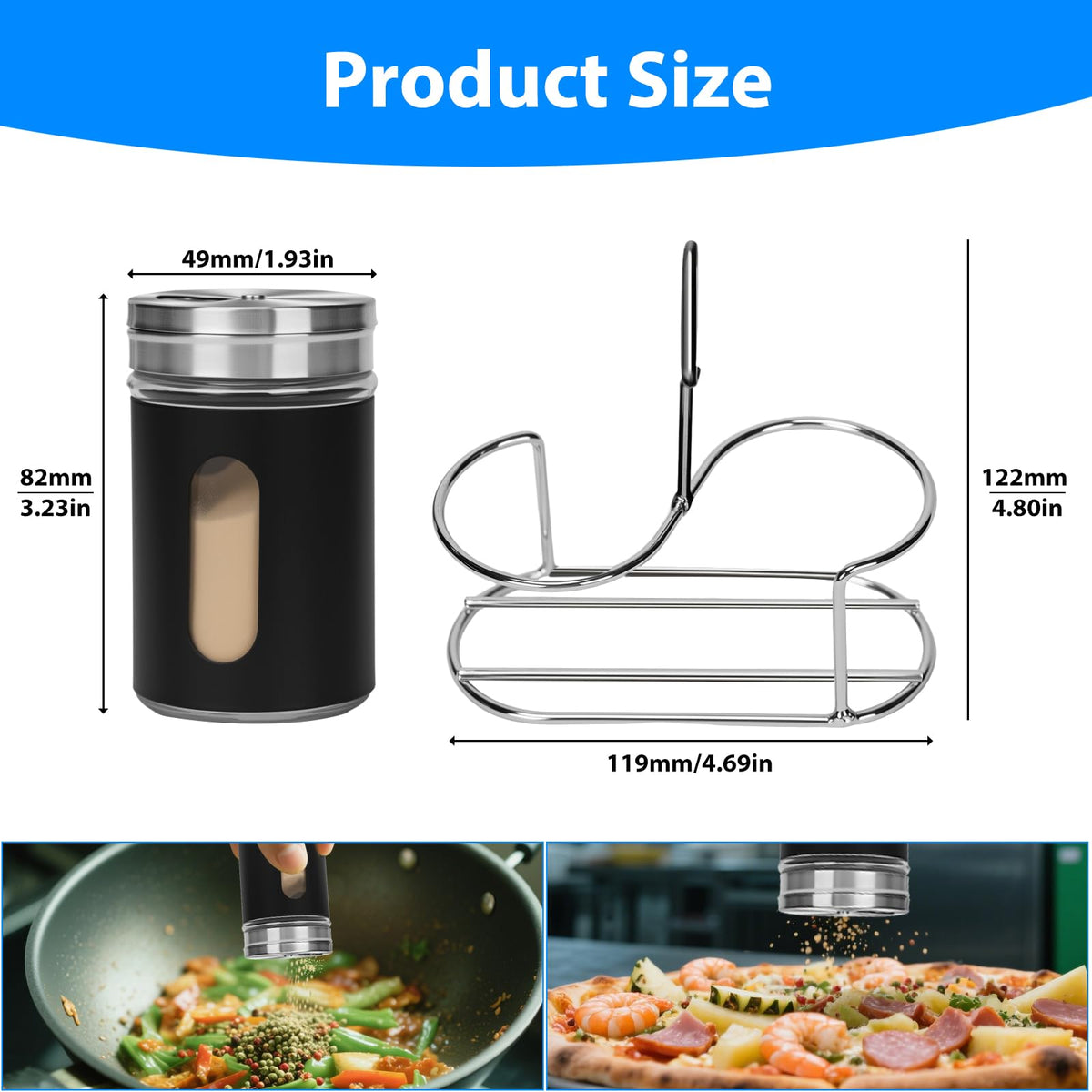 Glass Salt and Pepper Shaker Set with Seasoning Rack, Spice Rack, Adjustable Pour Hole Stainless Steel Lid, 2.8 oz, Spice Dispenser for Salt, Pepper, Spice Preservation (black)