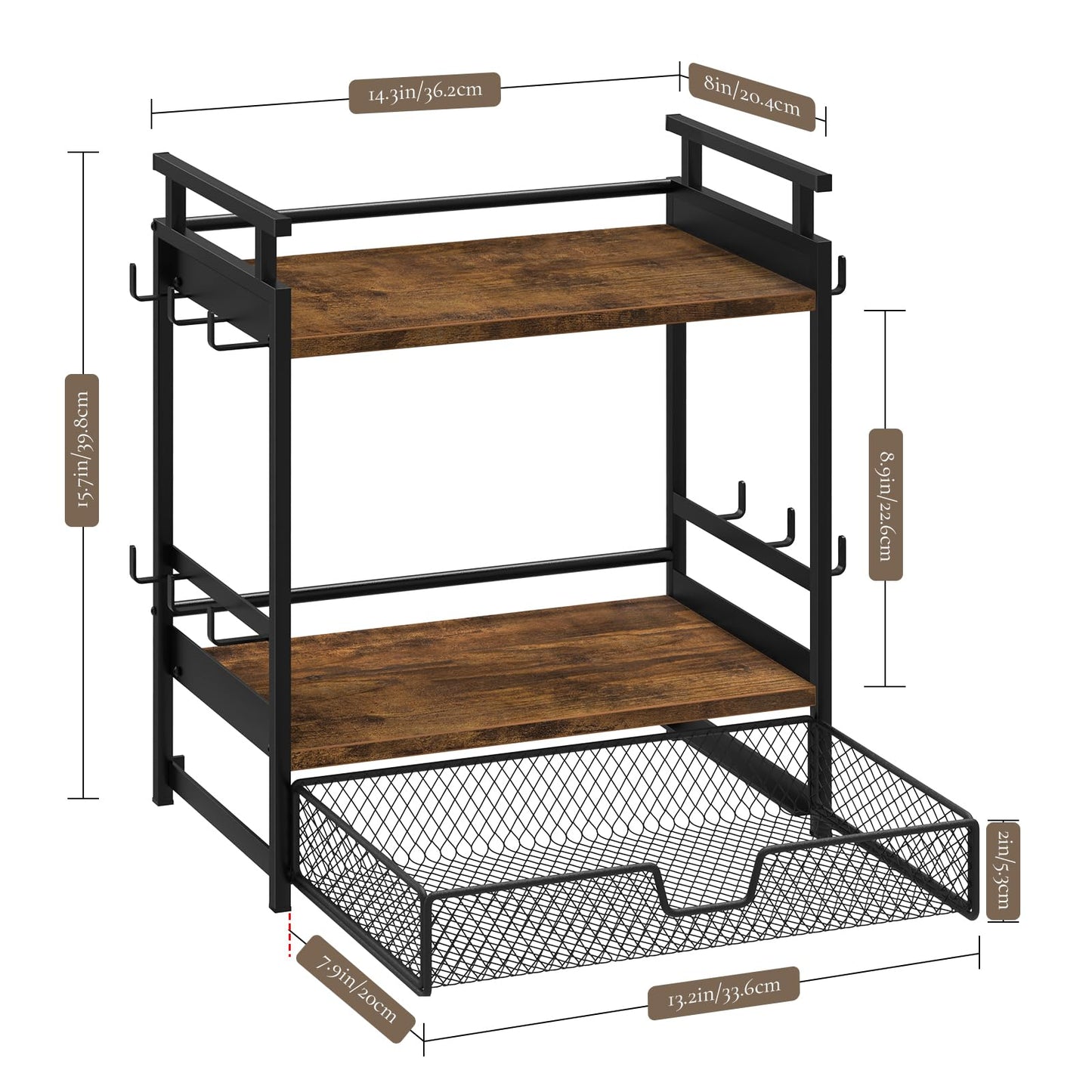 BCOZLUX Coffee Bar Organizer, 3 Tier Coffee Station Organizer for Countertop, Mug Cup Holder Stand with 12 Hooks, with K Cup Storage Drawer, Tea Organizers Accessories for Home Office