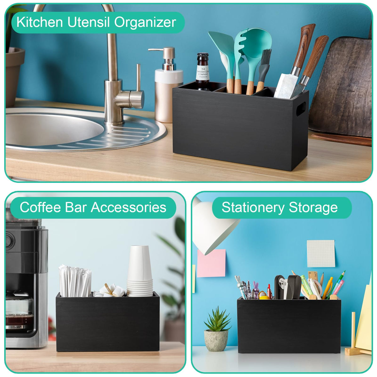 ALELION Black Kitchen Utensil Holder for Countertop - Wooden Large Utensil Caddy Organizer for Counter - 3 Compartment Cooking Utensil Crock for Silverware Spoon Spatula