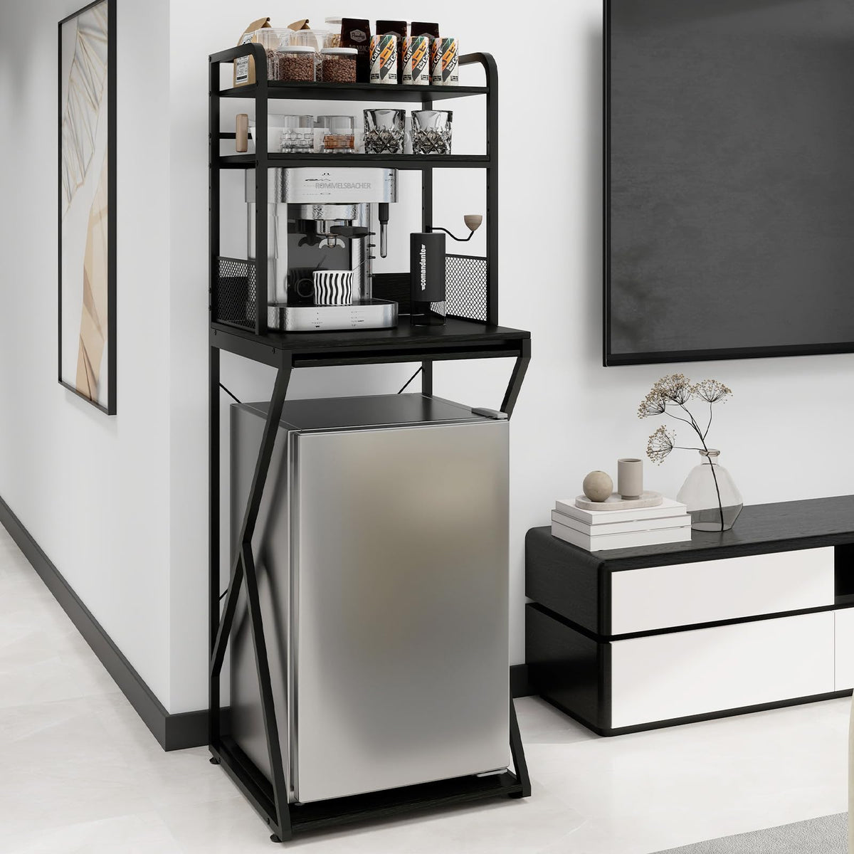 PUNCIA 4-Tier Mini Fridge Stand with Power Outlet & Storage, Coffee Bar Organizer, Refrigerator Cabinet & Microwave Shelf, Bakers Rack for Kitchen, Office, Dorm, Pantry, Apartment (Black)