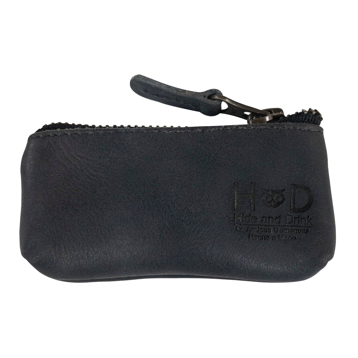 Hide & Drink, Leather Key Holder Pouch, Zippered Coin Bag, Money Purse, Earphone Holder, Charging Cable, Memory Cards Organizer, Vintage Style, Handmade (Charcoal Black)