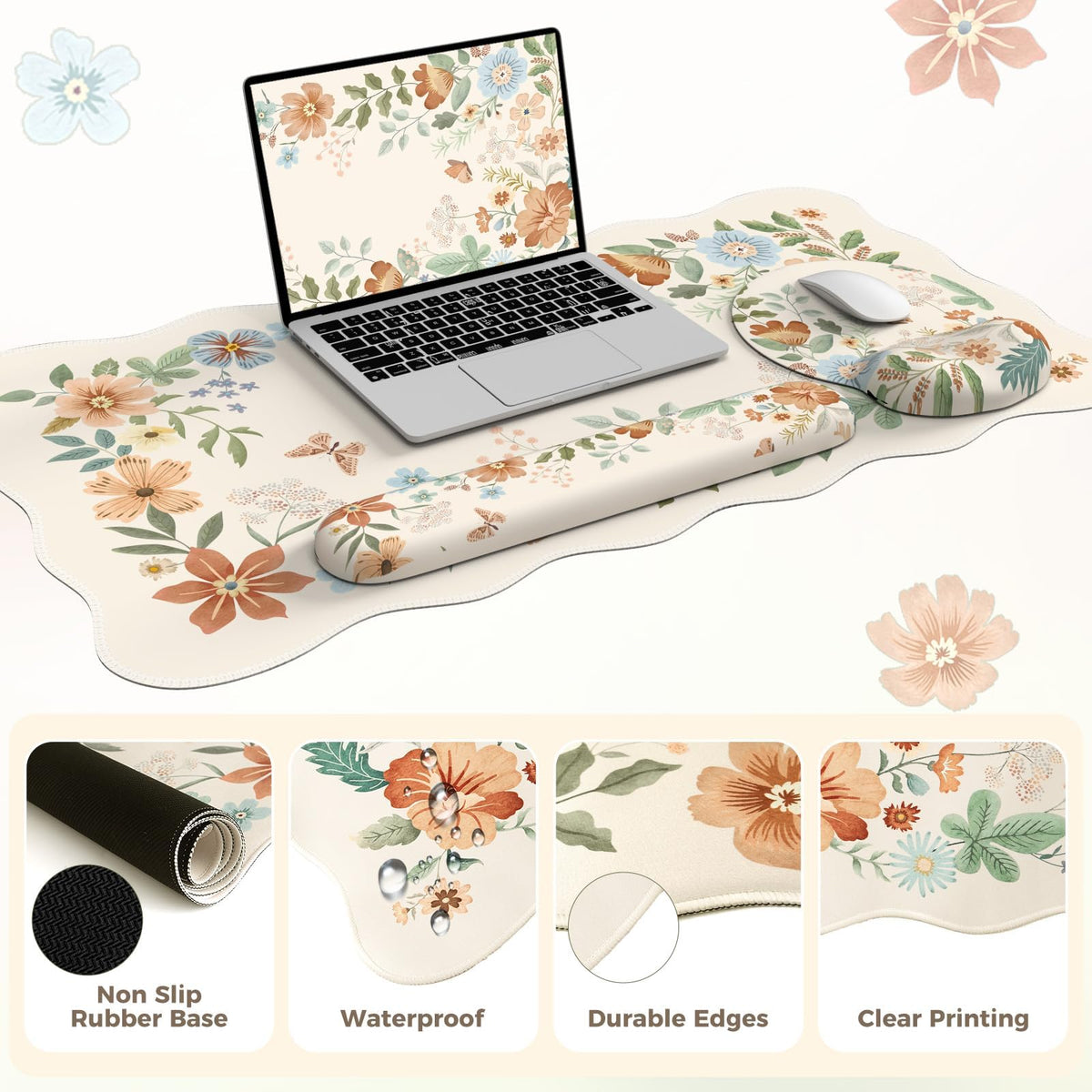 Anyshock Scalloped Office Desk Cover Mat+Keyboard Wrist Rest+Mouse Wrist Rest+Coaster Set,Scalloped Desktop mat for Teacher Desk Cover,Pastel Home Office Essentials