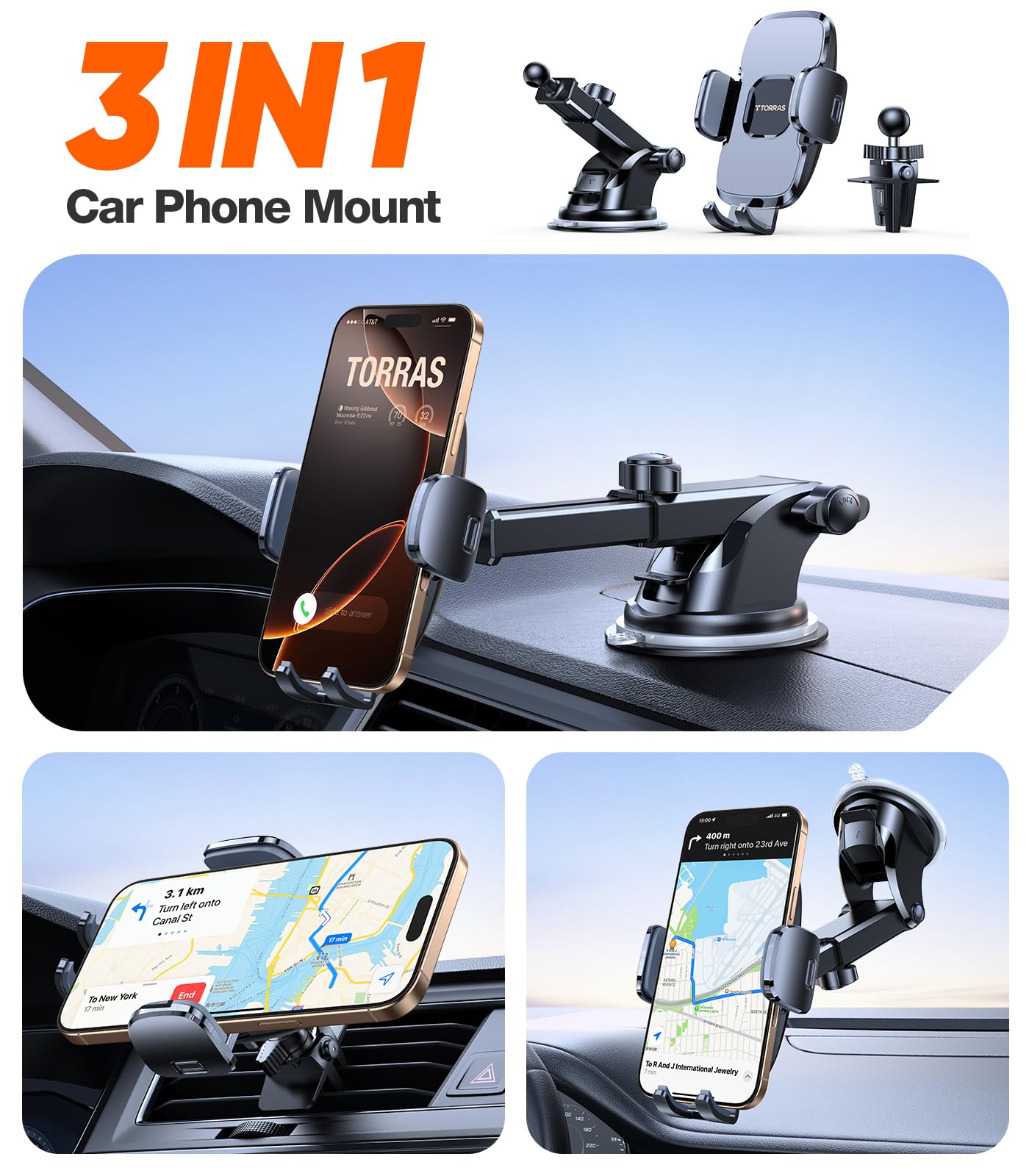 TORRAS Military-Grade Phone Holders for Your Car【96+LBS Strongest Suction】Car Phone Holder Mount, Ultra-Durable Cell Phone Car Mount Truck for Dashboard Windshield Vent for iPhone 17 16 15 Pro Max Air
