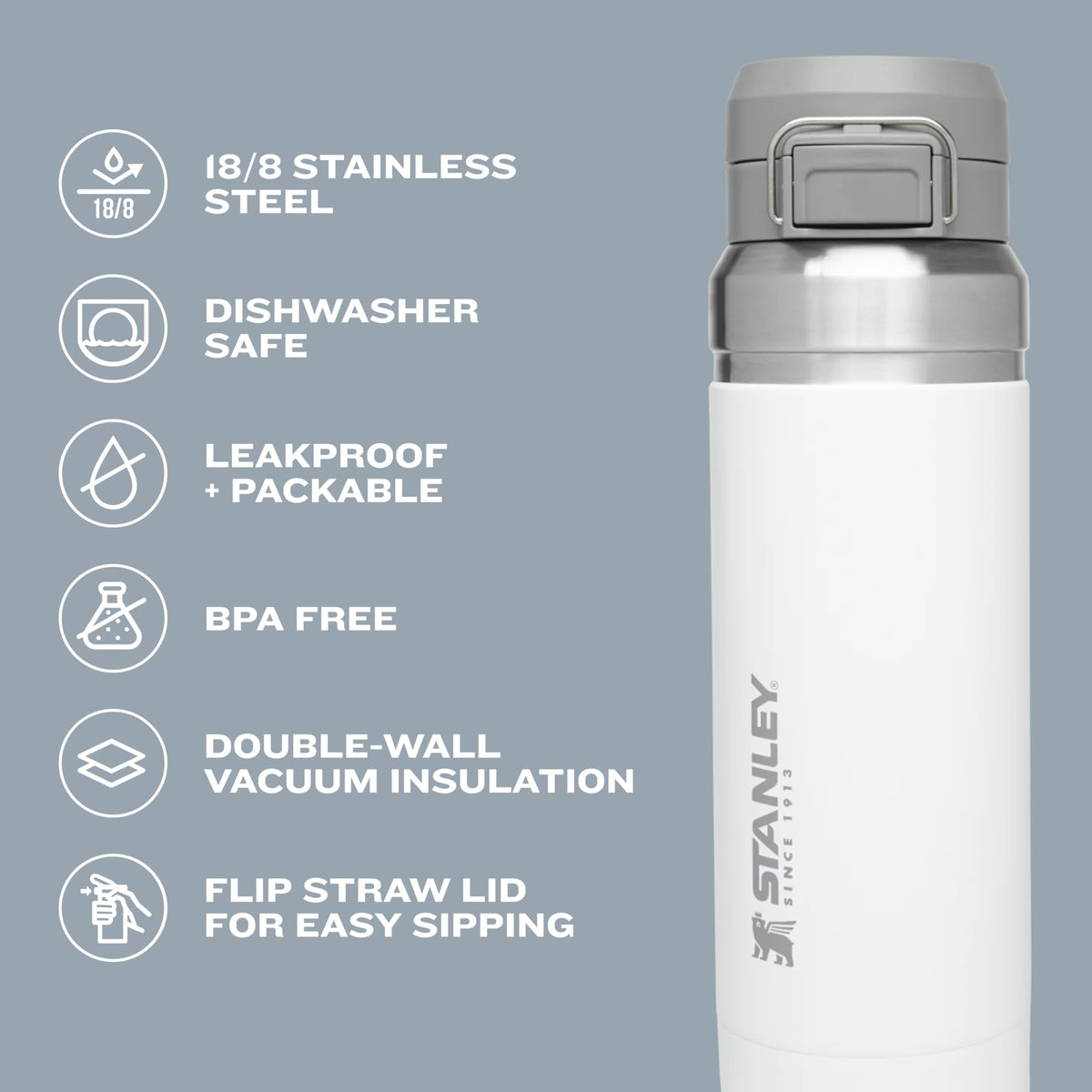 Stanley Quick Flip GO Water Bottle 24 oz | Push Button Lid | Leakproof and Packable for Travel and Sports | Insulated Stainless Steel | BPA-Free | Black 2.0
