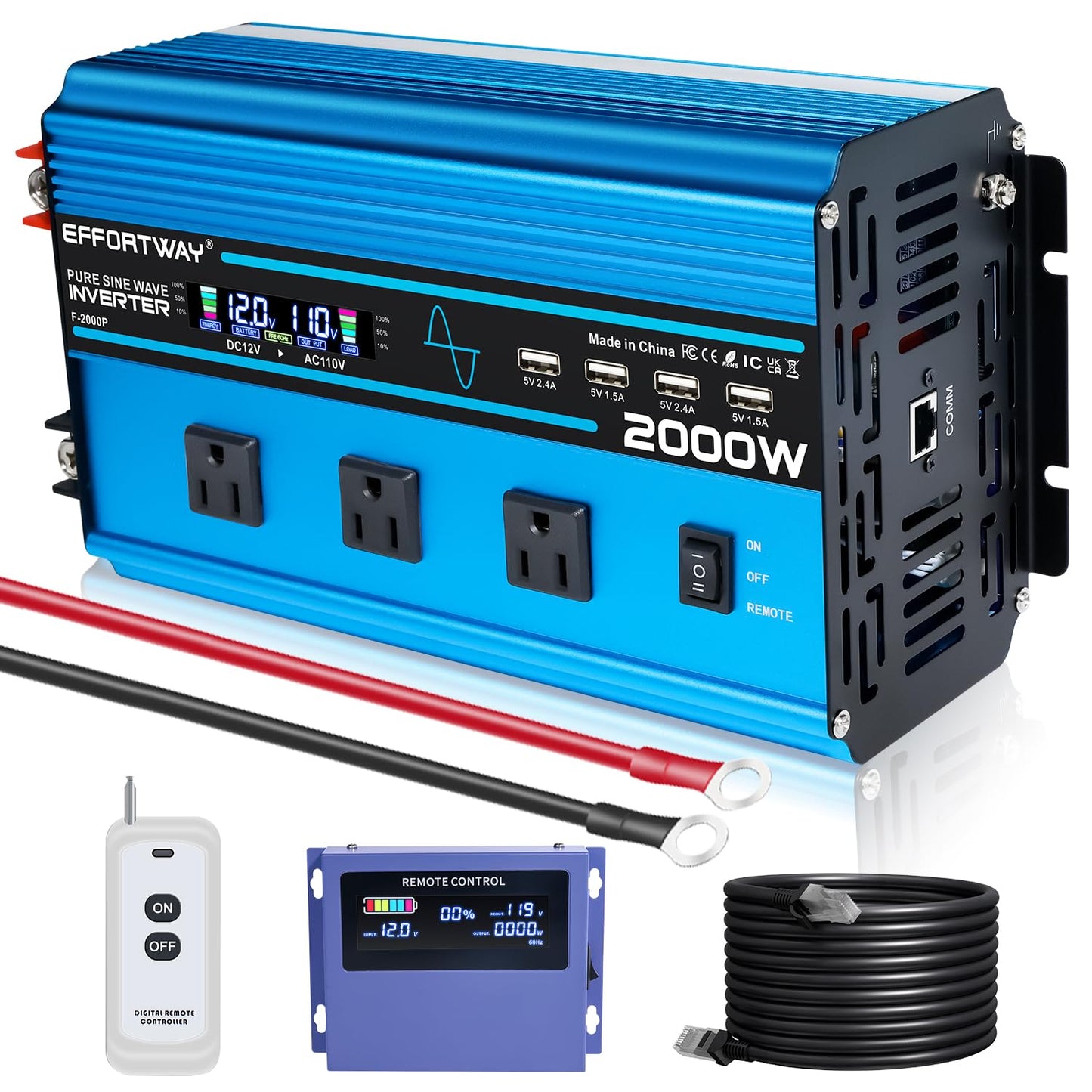 2000W Pure sine Wave Inverter 4000W (Peak) DC 12V to AC 110V/120V Converter with LCD Display Wireless/Wired Remote Control 3AC Outlets and 4USB for Camping RV Travel Off-Grid Solar Systems