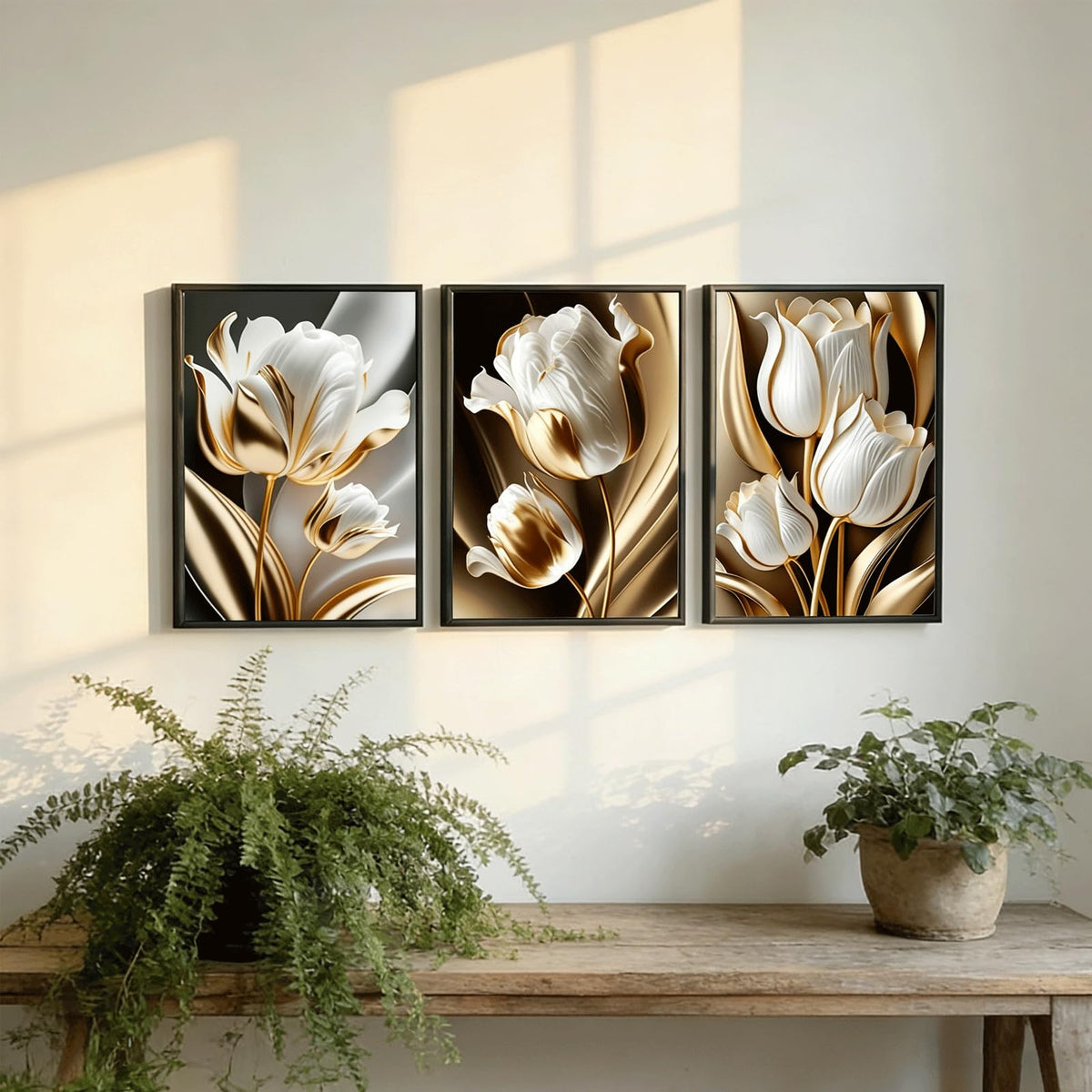3Pcs Abstract White Gold Floral Wall Art Modern Luxury Minimalism Painting Pictures Wall Decor tulip Plants Posters Prints Artwork for Living Room Bedroom Office Home Decoration 12 x 16in unframed