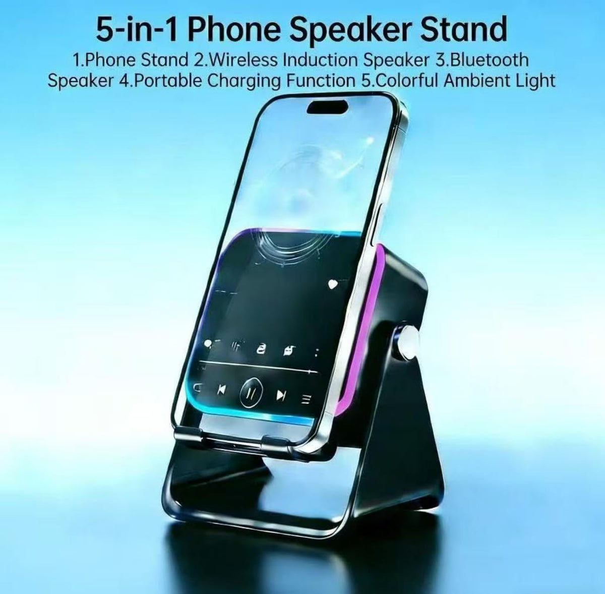 5-in-1 Wireless Induction Speaker,360°Adjustable Phone Stand with Wireless Bluetooth Speaker, Stereo Sound, Multiple RGB Ambient Lights,3500mAh Rechargeable Compatible with iPhone Gifts for Men Women