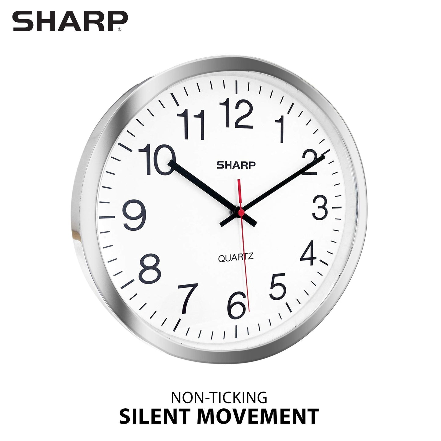 Sharp Wall Clock – Silver/Chrome, Silent Non Ticking 10 Inch Quality Quartz Battery Operated Round Easy to Read Home/Kitchen/Office/Classroom/School Clocks, Sweep Movement