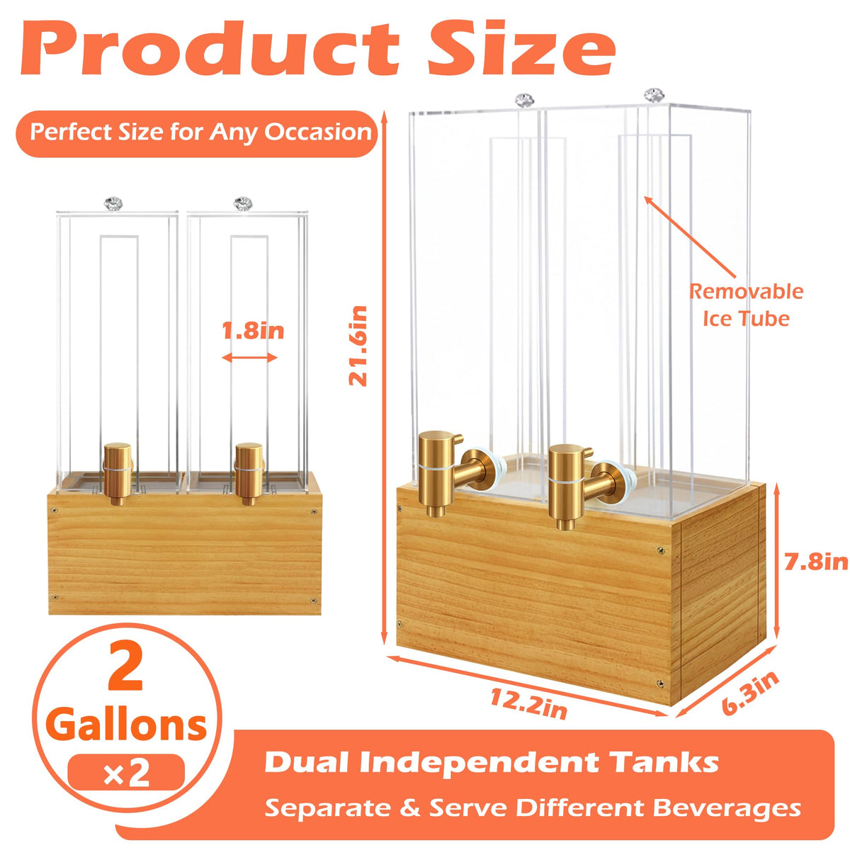 Beverage Dispenser with Stand, 4 Gallon Dual Drink Dispenser Stand, Large Drink Dispenser for Party, Wood Stand