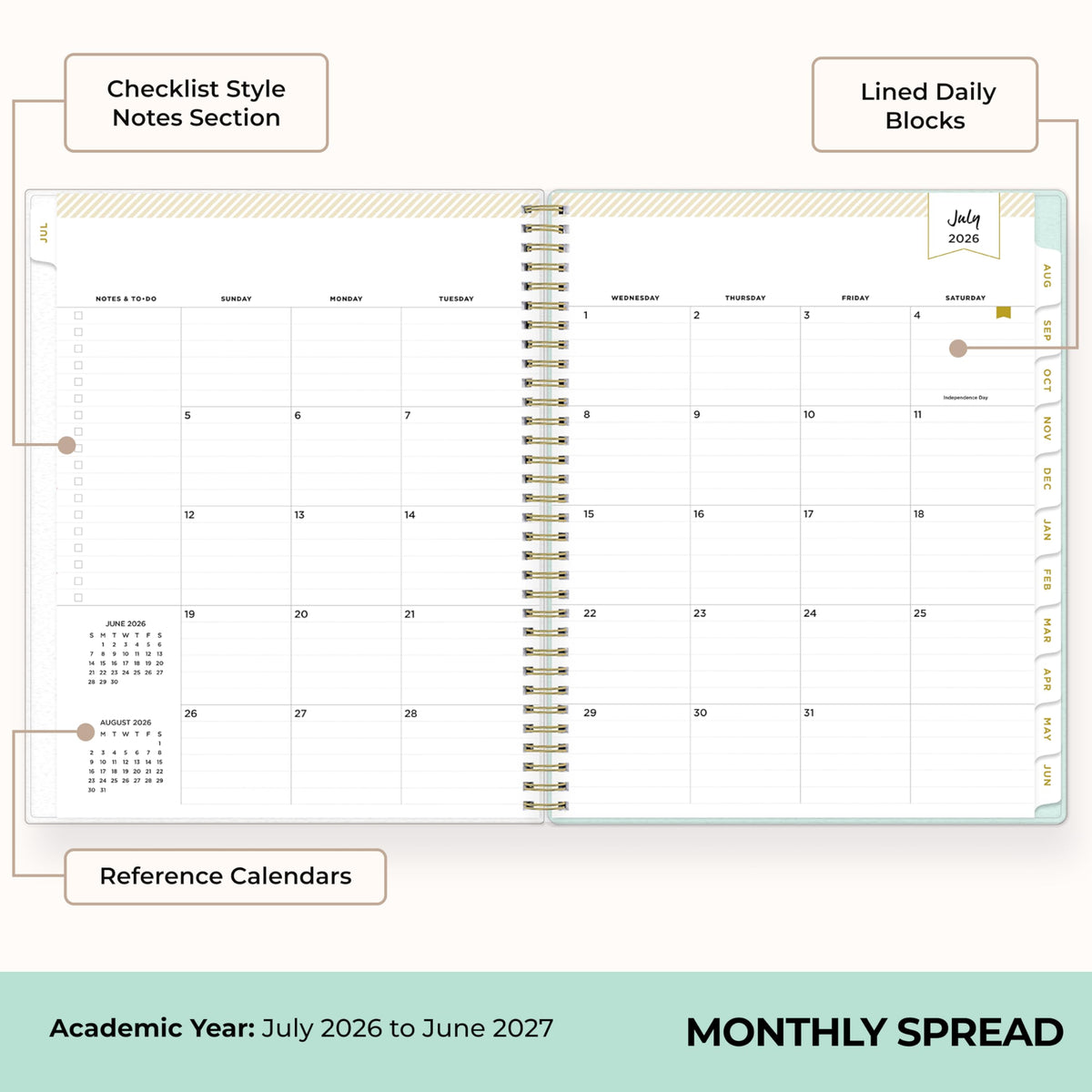 Blue Sky Day Designer 2026-2027 Weekly and Monthly Academic Year Planner Calendar, July 2026 - June 2027, 8.5" x 11", Flexible Cover, Laminated Tabs, Storage Pocket, Includes Stickers, Secret Garden Mint