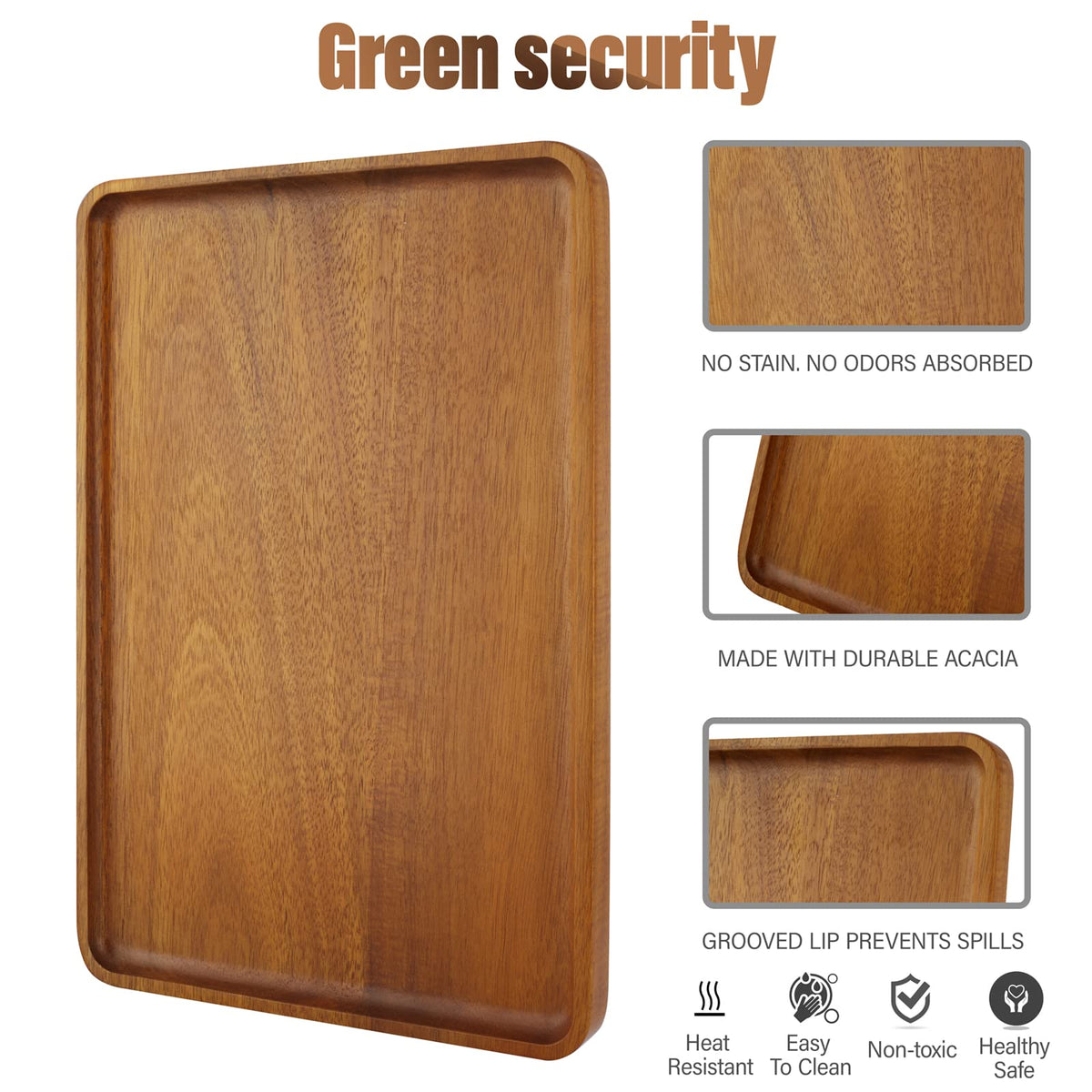 Charmlife 16" x12" Large Solid Acacia Wood Serving Tray Rectangular Wooden Serving Platter Natural Wooden Board for Bar Coffee Party