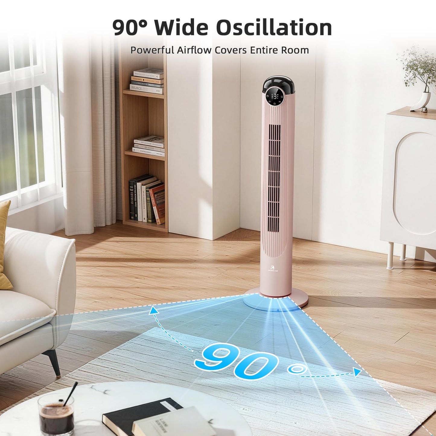 Antarctic Star T36 Tower Fan-36 Inch, Bladeless Oscillating Fan with Remote, 6 Speeds & 4 Modes, LED Display, 9H Timer, Quiet Floor Standing Fan for Bedroom Living Room Office, Pink