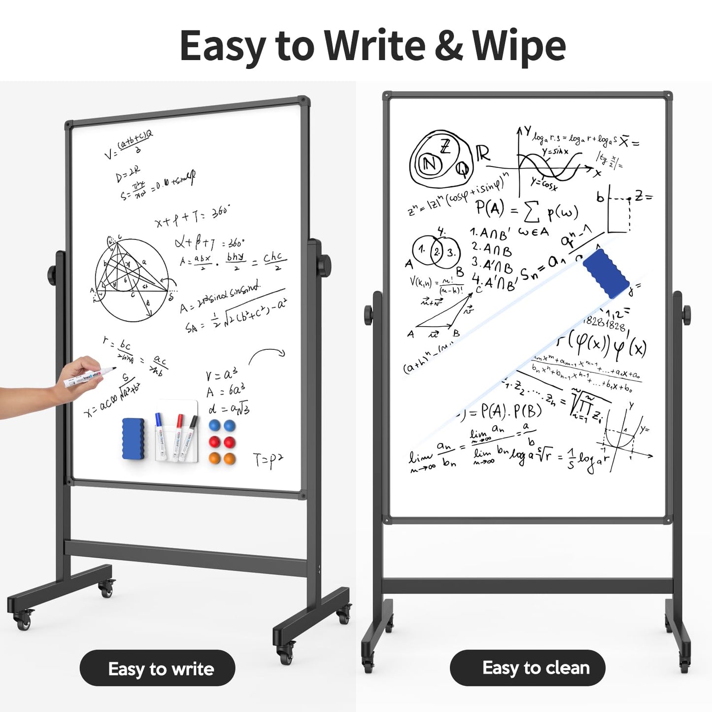 48x32inches Mobile Whiteboard - Adjustable Height, Standing Whiteboard on Wheels, Double-Sided Magnetic Dry Erase Board for Office, Home, Classroom