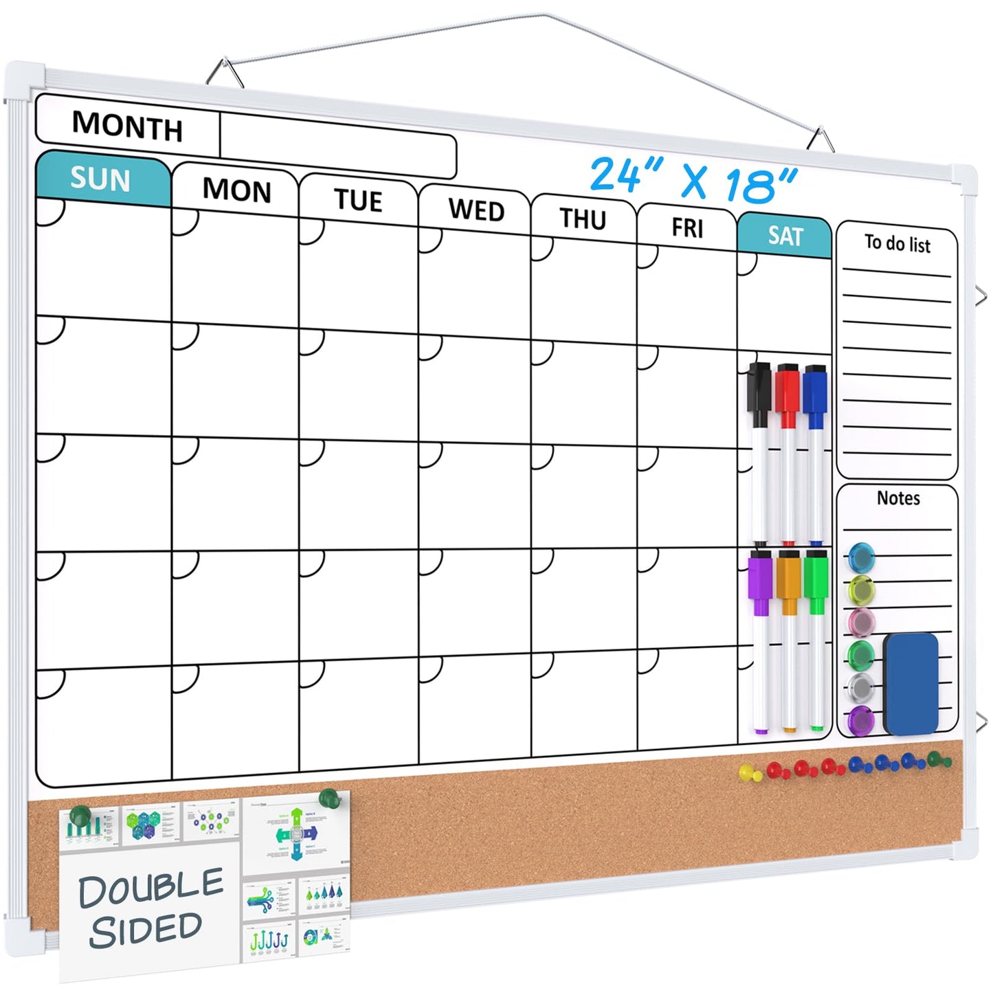 MaxGear Monthly Calendar Whiteboard for Wall, 24" x 18" Double-Sided White Board Calendar with Bulletin Board, Dry Erase Cork Board Combo, Hanging Dry Erase Board for Office Home Kitchen