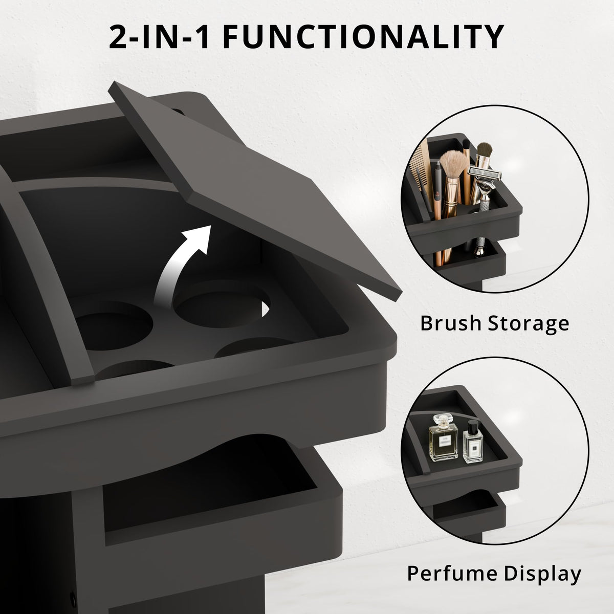 Rotating Cologne Organizer for Men, 3 Tier Wood Cologne Holder Stand with Brush Storage, 360 Spinning Perfume Display Shelf for men's Vanity, Multi-Layer Bathroom Organizers and Storage, Black