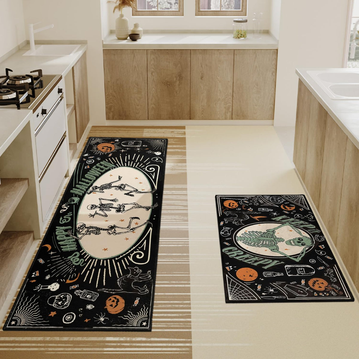Faptoena Halloween Kitchen Mat Set of 2,Happy Halloween Skeleton Creepy Mats and Rugs Non Skid Washable for Kitchen Home Decor,Halloween Decorations and Accessories (17"x47"+17"x30")