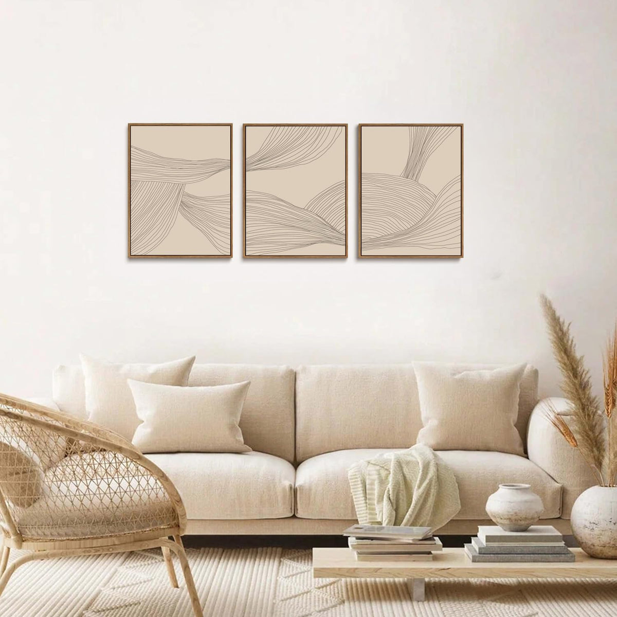 myusuar 3 Piece Large Modern Abstract Canvas Framed Wall Art For Living Room, Beige Minimalist Wall Art Decor Posters Prints For Bedroom Office, 12x16in