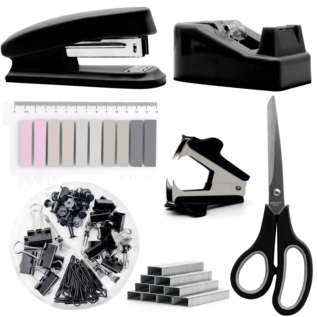 OfficeMate Stapler & Tape Dispenser Set - Black Desk Accessory Kit, Gift for Students, Women, Coworkers, Boss Lady, Office Clerks