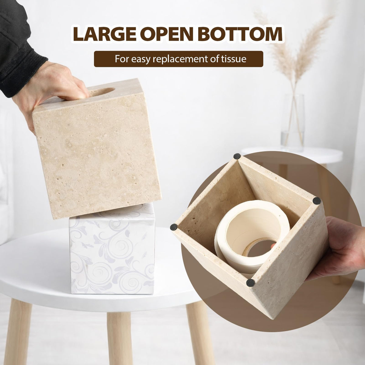 Koville Marble Tissue Box Cover, Heavy Square Tissue Cube Cover Tissue Organizer with Open Bottom for Countertop, Decorative Stone Facial Tissues Boxes Holder for Bathroom Bedroom Kitchen (Beige)