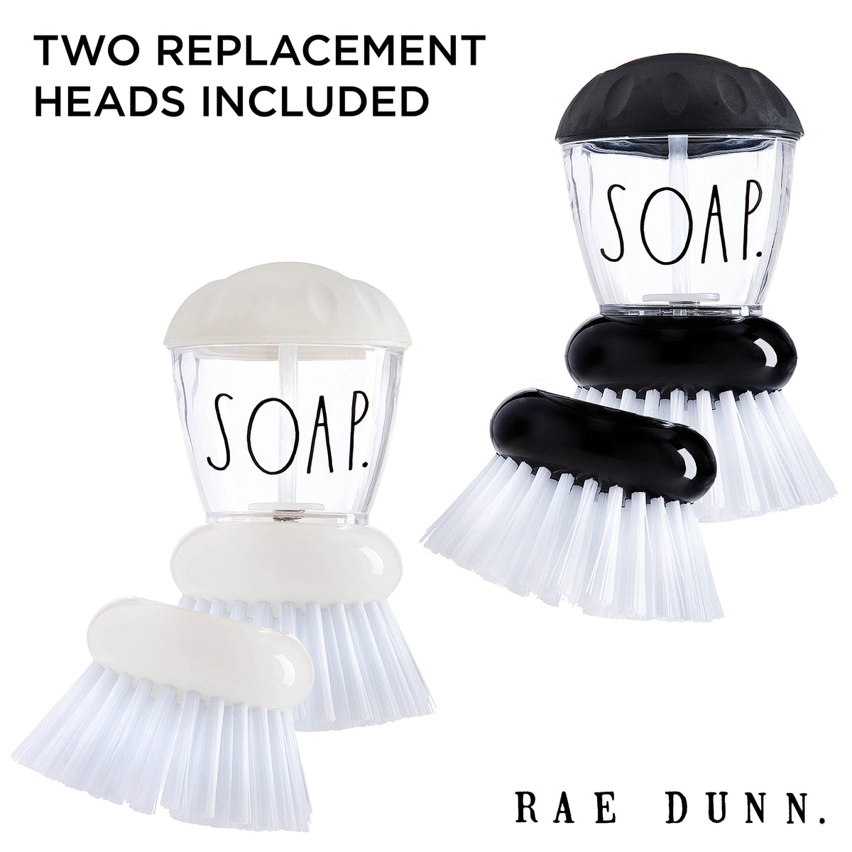 Rae Dunn Collection Soap Dispensing Dish Brush Set - Set of 2 Palm Brush Dish Scrubber with 2 Replacement Brush Heads