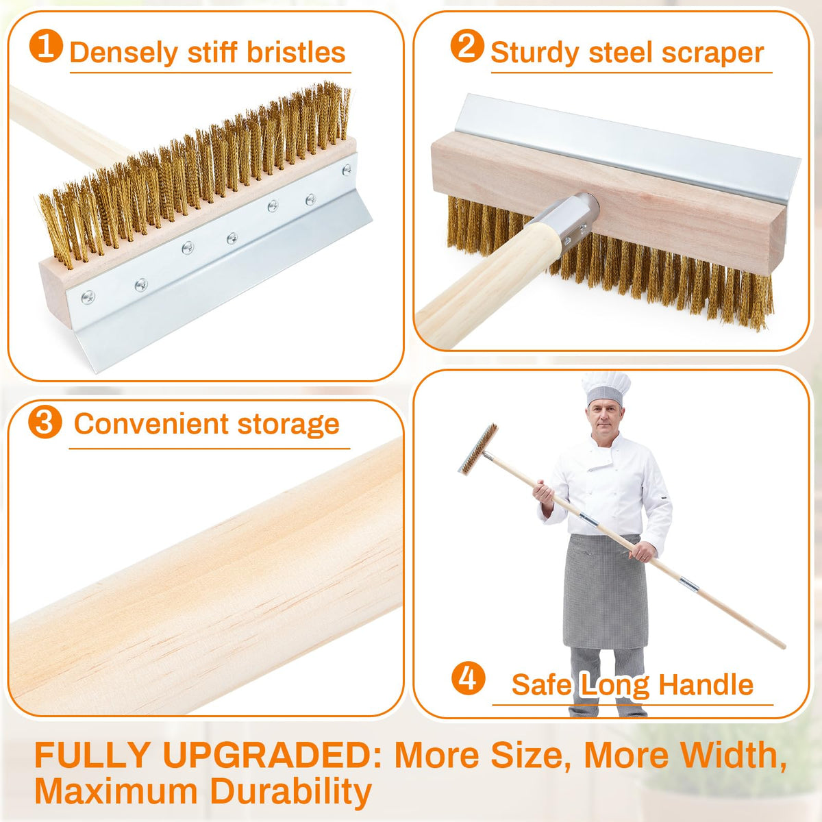 Reallnaive 2 Pack 63 Inch Wood Handle Pizza Oven Brush with Scraper Outdoor Pizza Oven Cleaning Brush Tool, Aluminum Threaded Tip, Brass Bristles with Steel Scraper