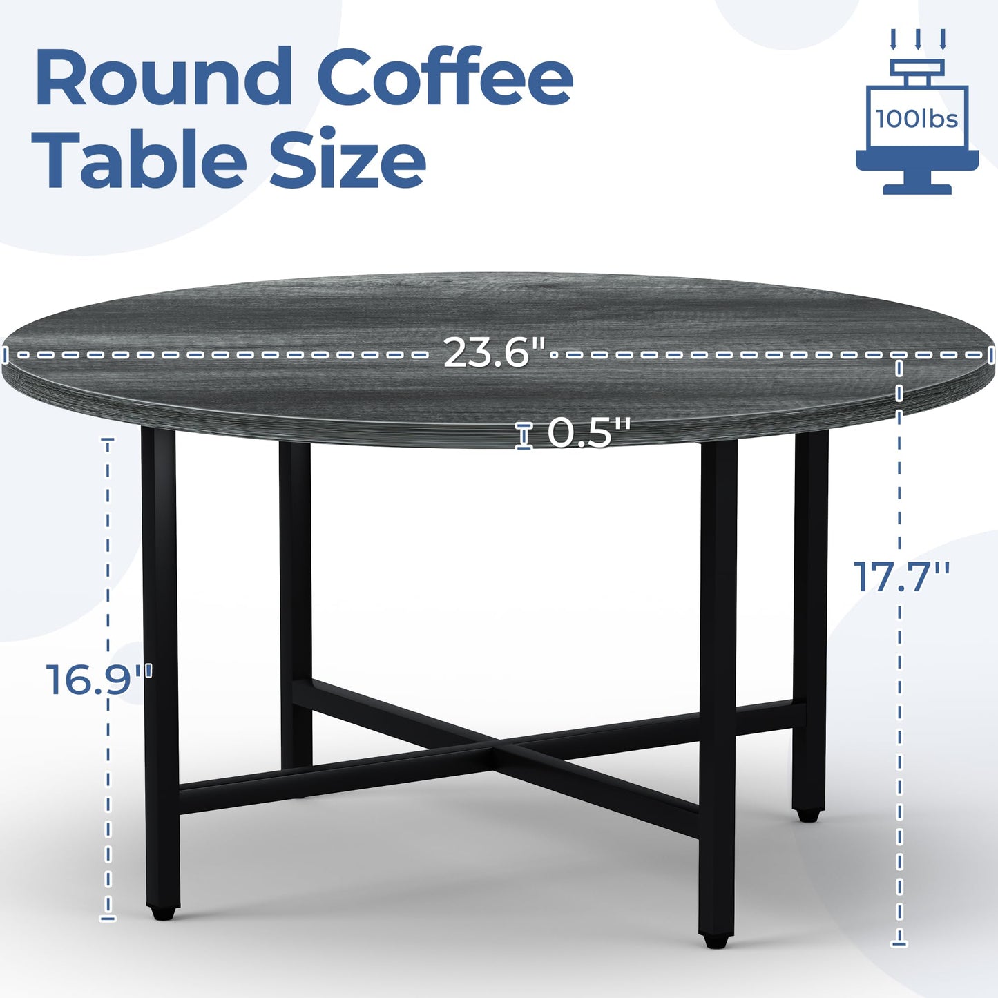 FAMIDGE Coffee Table, 23.6" Coffee Tables for Living Room, Round Coffee Table with Metal Frame, Floor Table for Sitting on The Floor, Home, Office, Elegant Gray