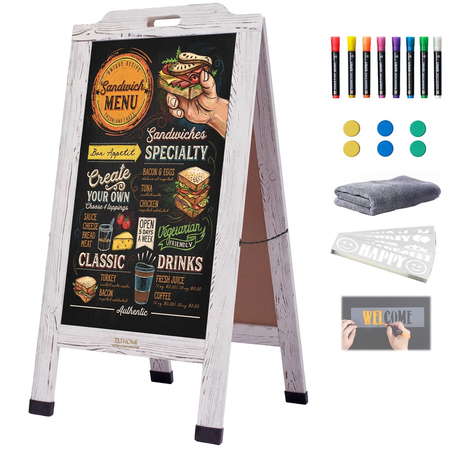 Magnetic Portable A-Frame Chalkboard Signs, 40" x 20" Large Wood Sandwich Board Signs Outdoor, Double-Sided Sidewalk Standing Chalk Board for Business, Wedding, Vendor Display, Coffee Shope - White