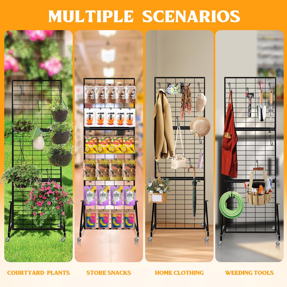 ZERTNROW Heavy Duty Adjustable Grid Wall Panels, Foldable Gridwall Panels with Braked Wheels-Included 24 Hooks，Suitable for Art Fairs Craft Display Retail Storage