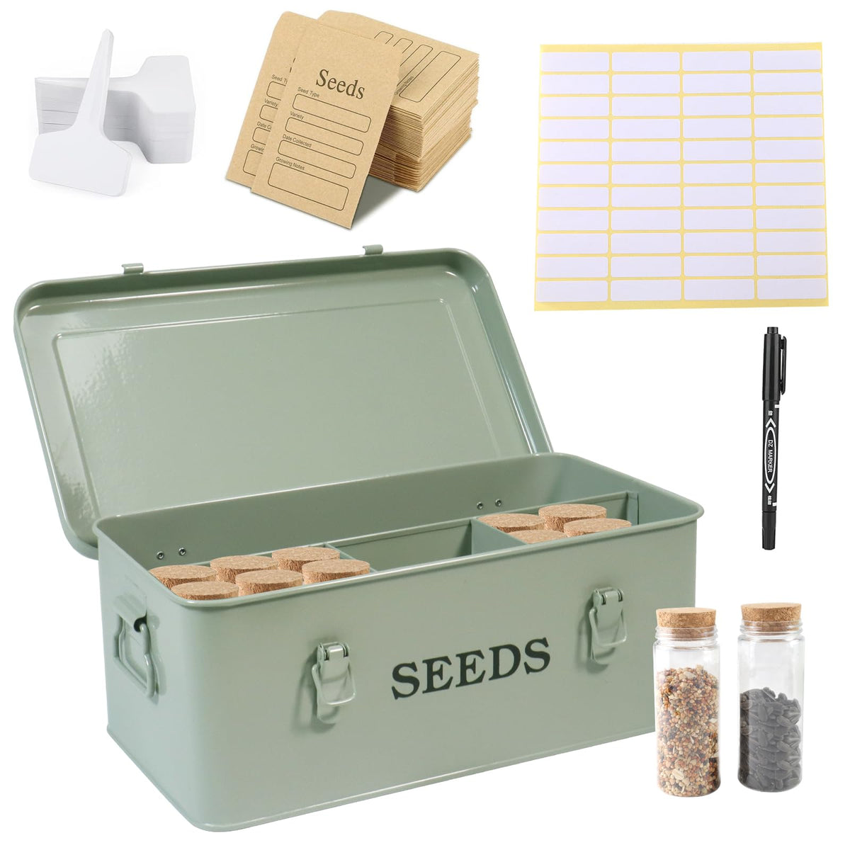 Seed Storage Organizer, 4 Compartment Metal Seed Saving Box with Lid and Safety Locks,Seeds Packet Container with 1 Pen, 12 Slots, 20 Plant Labels, 30 Seeds Envelopes,Perfect for Flower Plants Garden