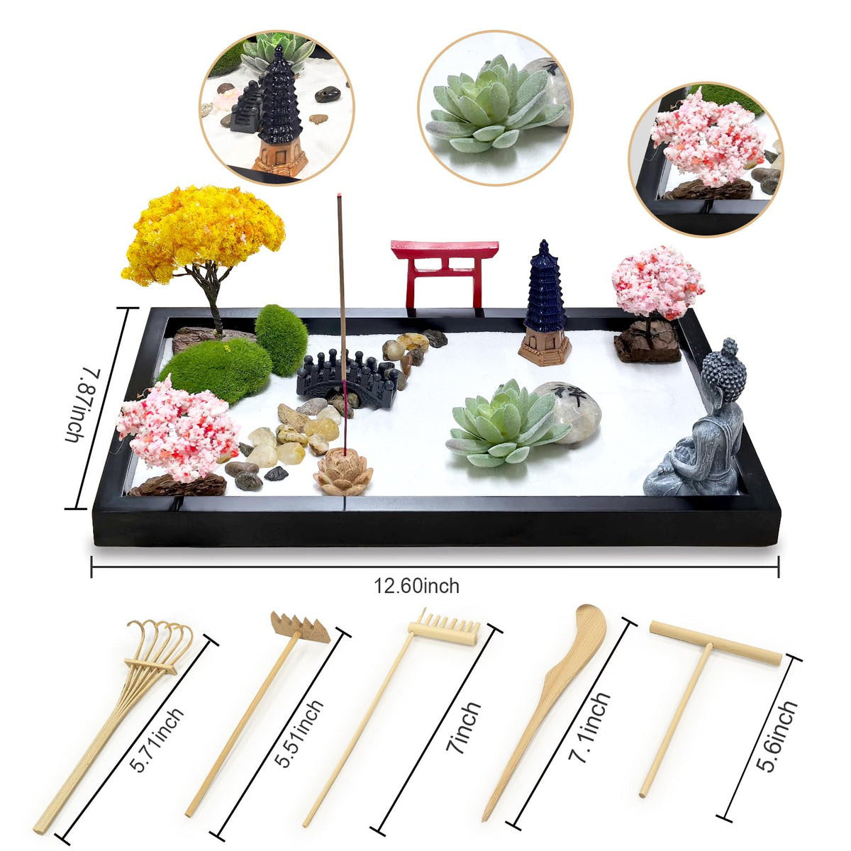 Zen Garden for Desk Decor - Premium Beautiful Japanese Mini Zen Sand Garden Kit Box for Home, Office Desk with Black Wooden Tray, White Sand, Tools, Red Gate, Buddha - Desktop Set