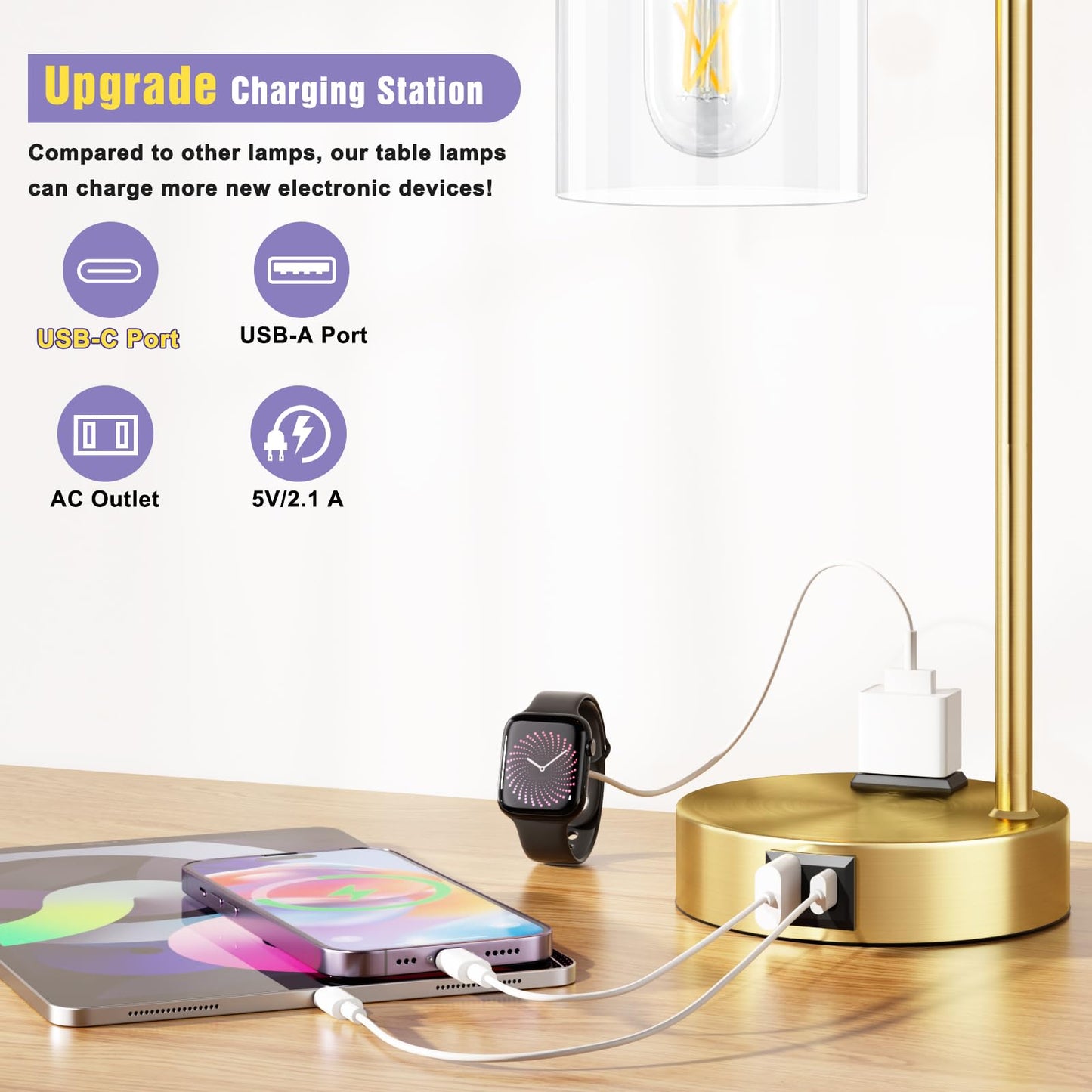 Innqoo Industrial Gold Table Lamp for Bedrooms Set of 2-3-Way Dimmable Desk Lamp with USB C+A Ports and Outlet, Gold Lamps with Clear Glass Shade for Living Room, Desk Lamps for Home Office