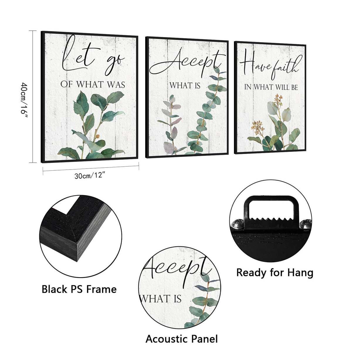 Inspirational Wall Art Office Decor: 3 Piece Motivational Quotes Wall Art 12"x16",Accept Let Go Have Faith Wall Decor for Office,Eucalyptus Pictures Framed Hanging Inspirational Posters for Bedroom