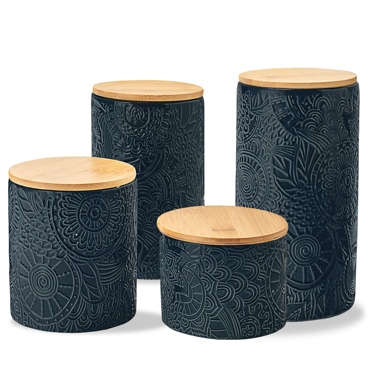 American Atelier Embossed Canister 4-Piece Ceramic Set Jar Container with Wooden Lids for Cookies, Candy, Coffee, Flour, Sugar, Rice, Pasta, Cereal & More