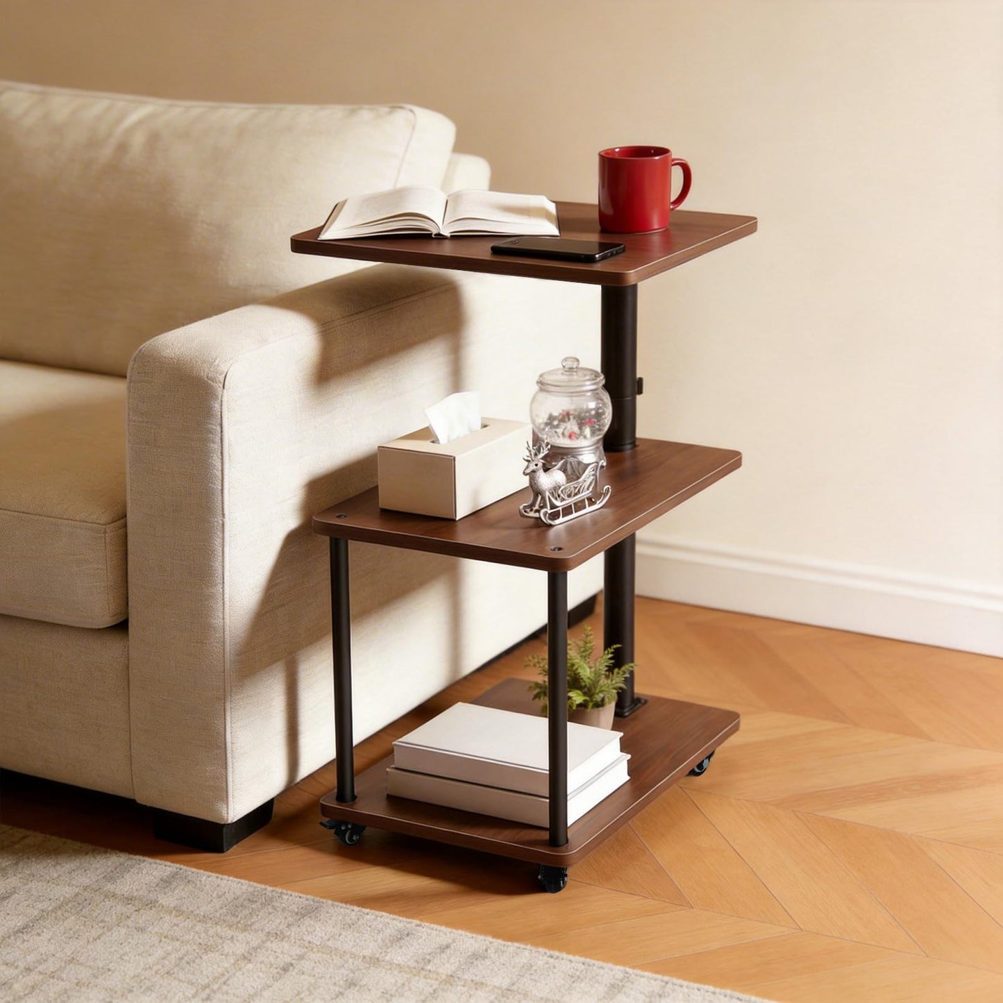 Bingyouth 360° Swivel Side Table with Storage, Height Adjustable, Smooth-Rolling Wheels, C-Shaped End Table for Couch/Sofa, Recliner, Living Room, Walnut-Look