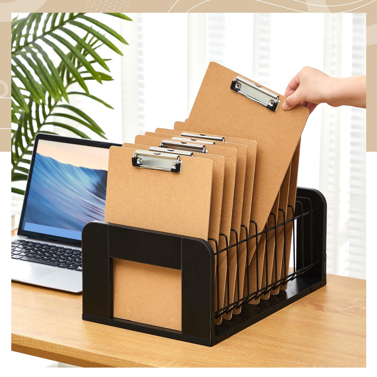 Yookeer 1 Pcs Vertical Clipboard Holder, Desk File Organizer Storage Rack, 12 Slot Wooden and Metal Clipboard Organizer, Storage Stand Rack for Home, Office, No Assembly Required (Black)